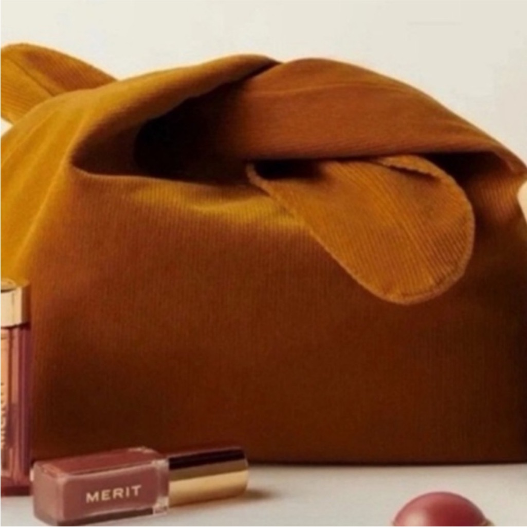 Merit Rust Brown Corduroy Tie Handle Cosmetic Bag New